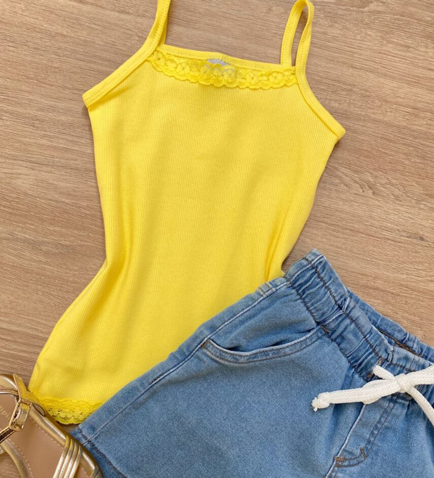fernandaramoskids com br Blusa Regata Infantil Feminina Detalhe em Renda Amarela 1