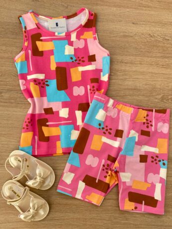 Blusa Regata Infantil Feminina Justa Estampada Fundo Rosa Fernanda Ramos Kids