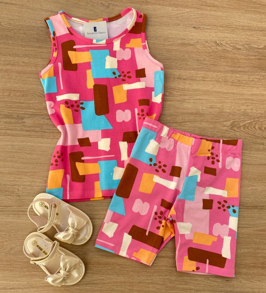 Blusa Regata Infantil Feminina Justa Estampada Fundo Rosa Fernanda Ramos Kids