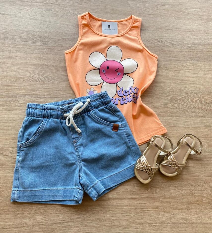 Blusa Regata Infantil Feminina Tradicional Estampada Laranja Fernanda Ramos Kids