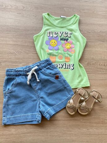 Blusa Regata Infantil Feminina Tradicional Estampada Verde Fernanda Ramos Kids