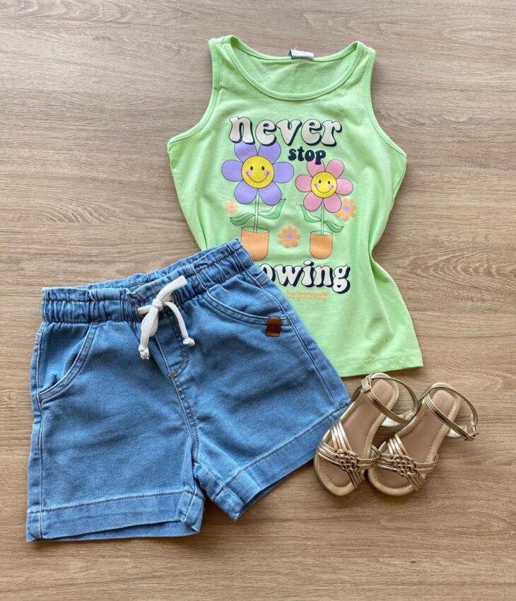 Blusa Regata Infantil Feminina Tradicional Estampada Verde Fernanda Ramos Kids
