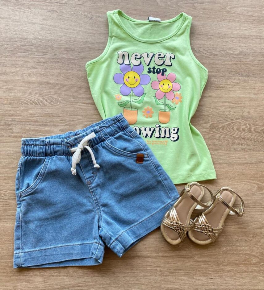 Blusa Regata Infantil Feminina Tradicional Estampada Verde Fernanda Ramos Kids