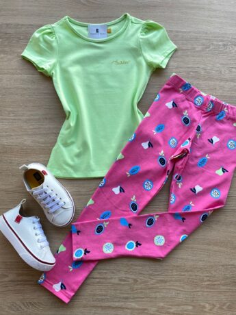 Calça Legging Infantil Feminina Estampa Frutinhas Rosa Fernanda Ramos Kids