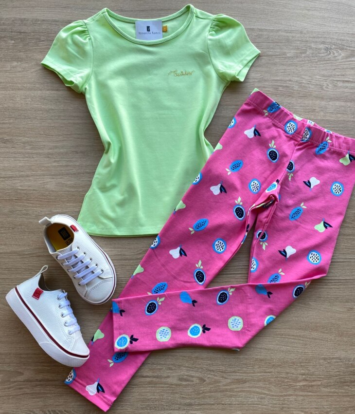 Calça Legging Infantil Feminina Estampa Frutinhas Rosa Fernanda Ramos Kids