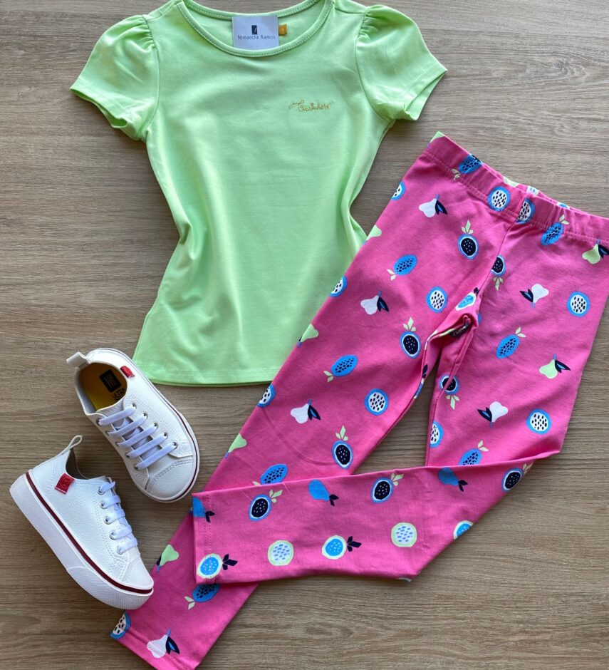 Calça Legging Infantil Feminina Estampa Frutinhas Rosa Fernanda Ramos Kids