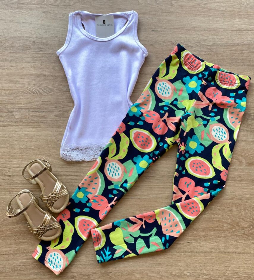 Calça Legging Infantil Feminina Estampada Fundo Azul Marinho Fernanda Ramos Kids