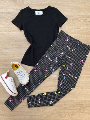 Calça Legging Infantil Feminina Estampada Xadrez Preta Fernanda Ramos Kids