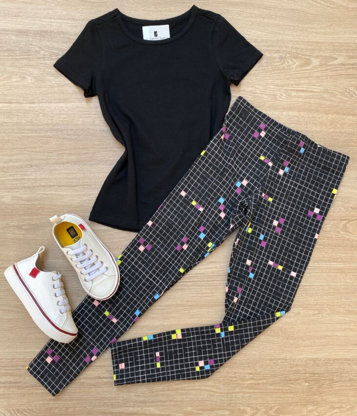 Calça Legging Infantil Feminina Estampada Xadrez Preta Fernanda Ramos Kids