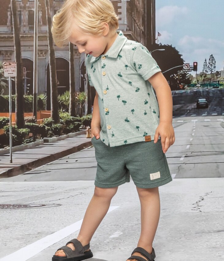 Camisa Infantil Masculina Manga Curta Estampada Verde Fernanda Ramos Kids