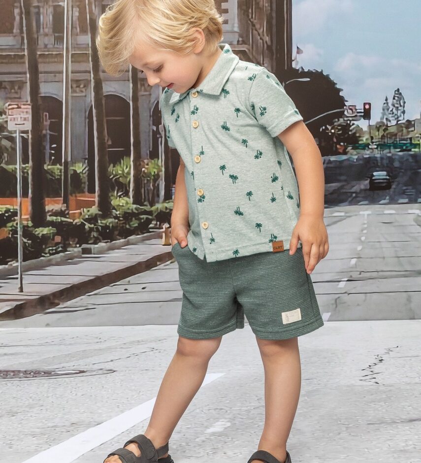 Camisa Infantil Masculina Manga Curta Estampada Verde Fernanda Ramos Kids
