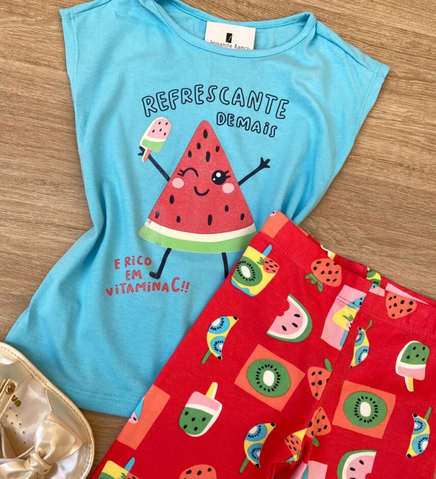 fernandaramoskids com br Conjunto Infantil Feminino Blusa Azul e Bermuda Estampa Frutinhas 2