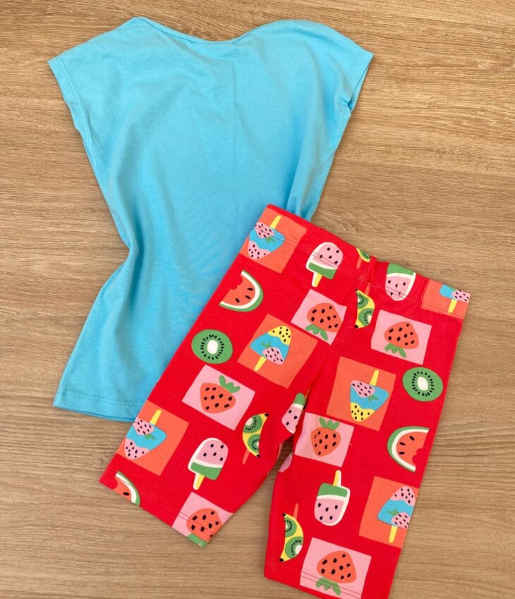 fernandaramoskids com br Conjunto Infantil Feminino Blusa Azul e Bermuda Estampa Frutinhas 3