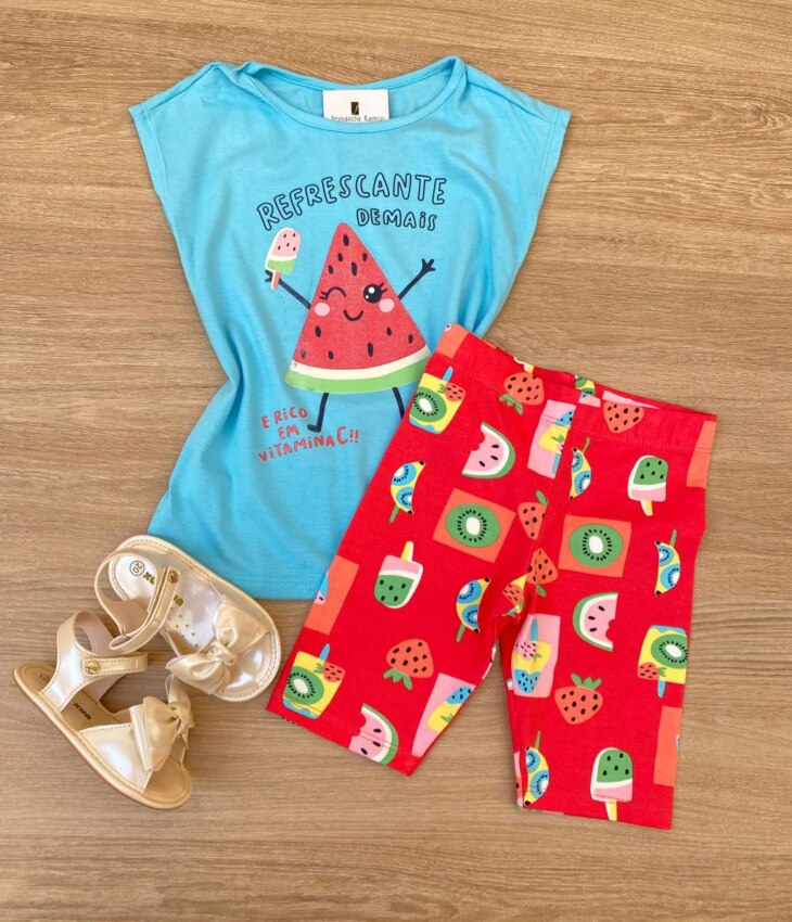 Conjunto Infantil Feminino Blusa Azul e Bermuda Estampa Frutinhas Fernanda Ramos Kids