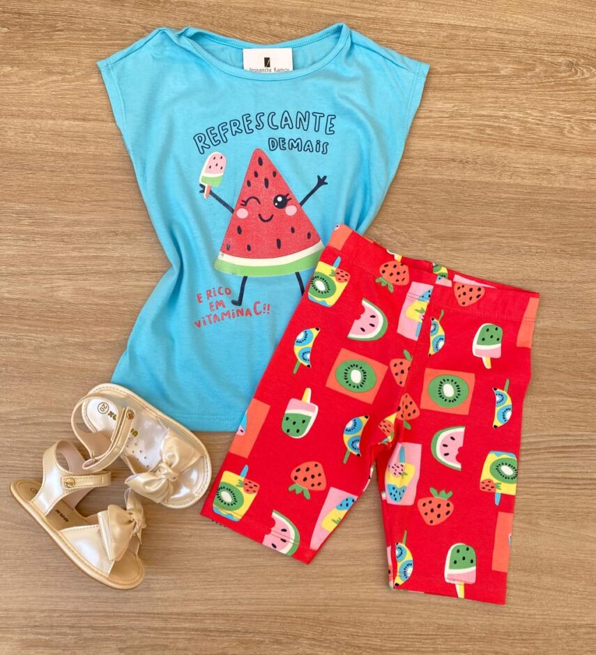 Conjunto Infantil Feminino Blusa Azul e Bermuda Estampa Frutinhas Fernanda Ramos Kids