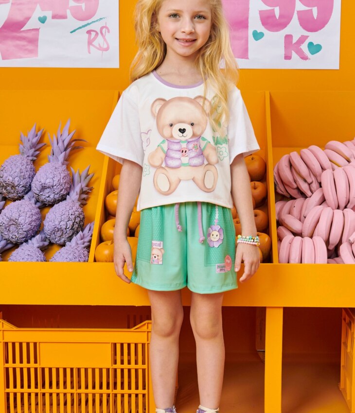 Conjunto Infantil Feminino Blusa Boxy Over e Short Verde Fernanda Ramos Kids