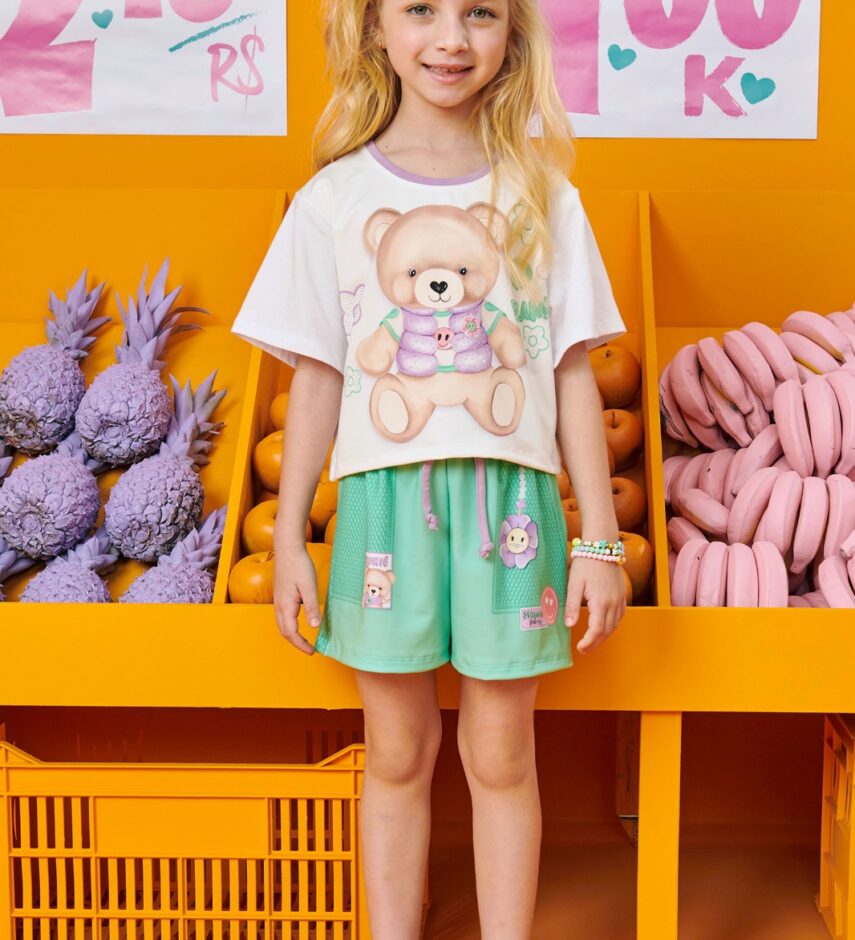 Conjunto Infantil Feminino Blusa Boxy Over e Short Verde Fernanda Ramos Kids