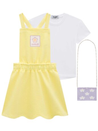 fernandaramoskids com br Conjunto Infantil Feminino Blusa Branca, Salopete Amarela e Bolsinha 1