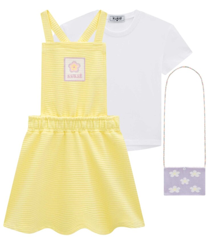 fernandaramoskids com br Conjunto Infantil Feminino Blusa Branca, Salopete Amarela e Bolsinha 1