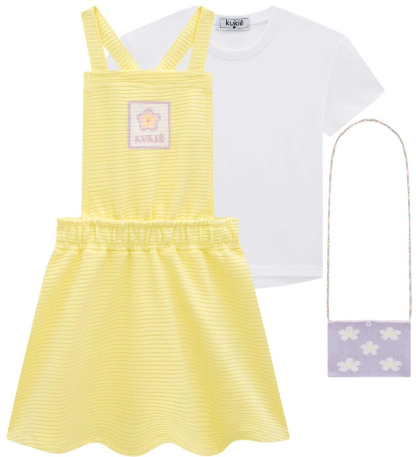 fernandaramoskids com br Conjunto Infantil Feminino Blusa Branca, Salopete Amarela e Bolsinha 1