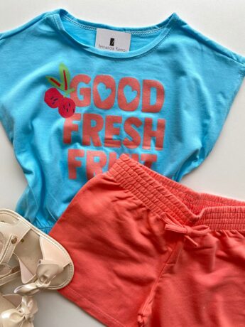 fernandaramoskids com br Conjunto Infantil Feminino Blusa com Elástico Azul Short Salmão 1