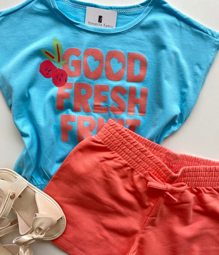 fernandaramoskids com br Conjunto Infantil Feminino Blusa com Elástico Azul Short Salmão 1