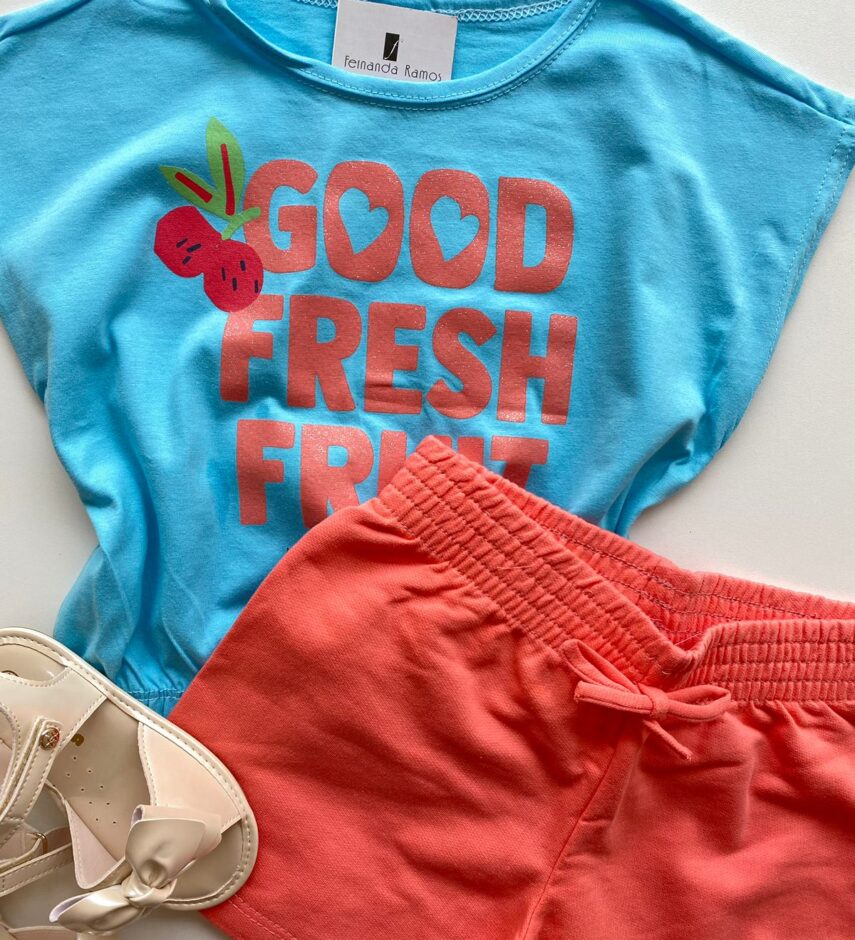 fernandaramoskids com br Conjunto Infantil Feminino Blusa com Elástico Azul Short Salmão 1