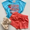 Conjunto Infantil Feminino Blusa com Elástico Azul Short Salmão Fernanda Ramos Kids