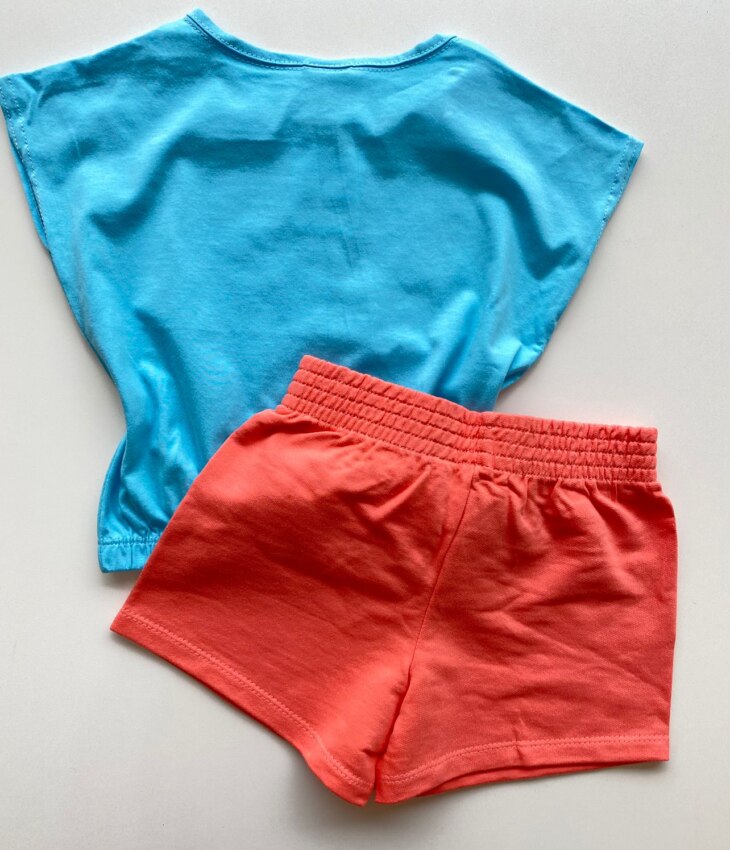 fernandaramoskids com br Conjunto Infantil Feminino Blusa com Elástico Azul Short Salmão 2