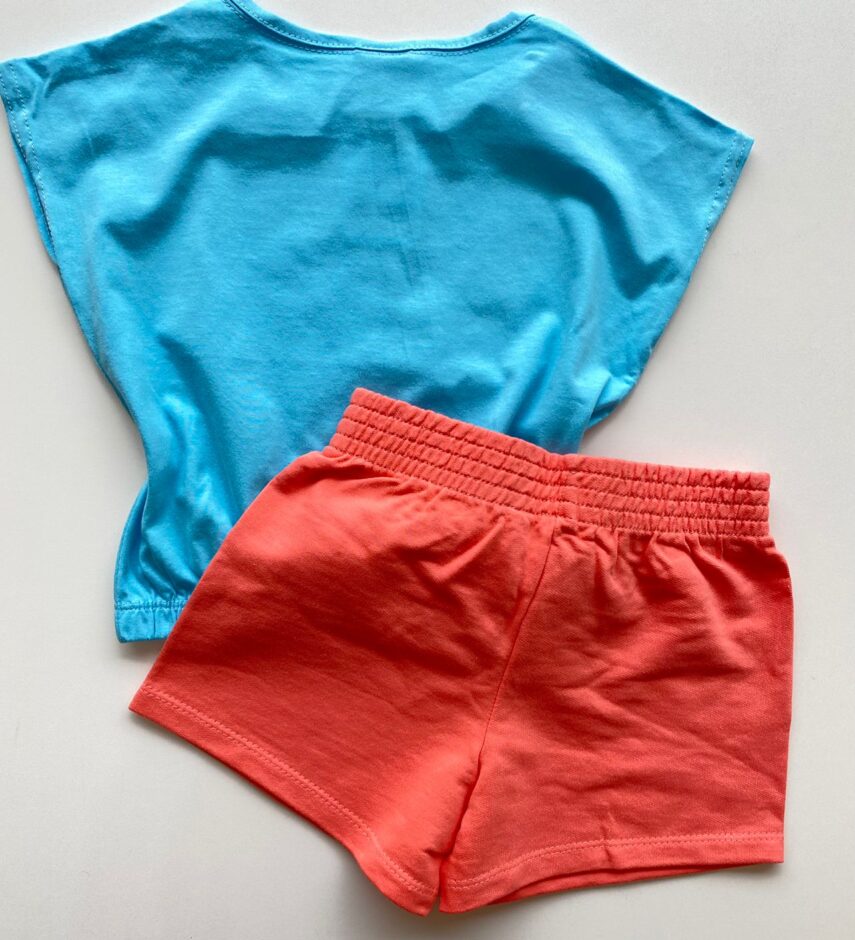 fernandaramoskids com br Conjunto Infantil Feminino Blusa com Elástico Azul Short Salmão 2