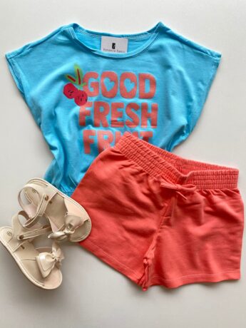 Conjunto Infantil Feminino Blusa com Elástico Azul Short Salmão Fernanda Ramos Kids