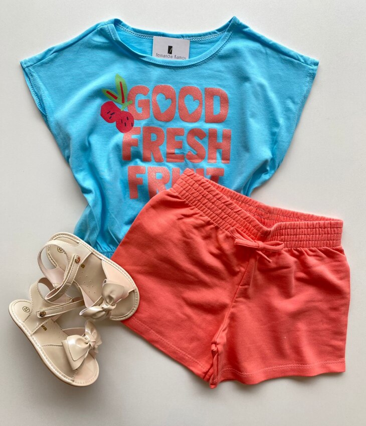 Conjunto Infantil Feminino Blusa com Elástico Azul Short Salmão Fernanda Ramos Kids