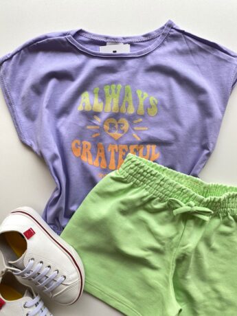 fernandaramoskids com br Conjunto Infantil Feminino Blusa com Elástico Lilás Short Verde 1