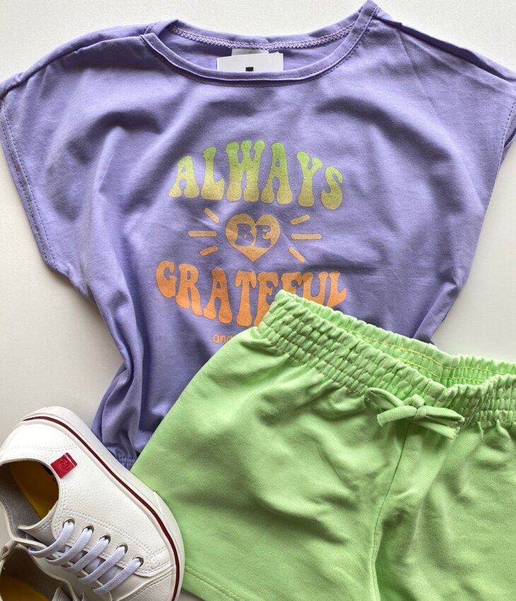 fernandaramoskids com br Conjunto Infantil Feminino Blusa com Elástico Lilás Short Verde 1