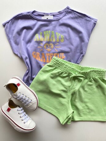 Conjunto Infantil Feminino Blusa com Elástico Lilás Short Verde Fernanda Ramos Kids