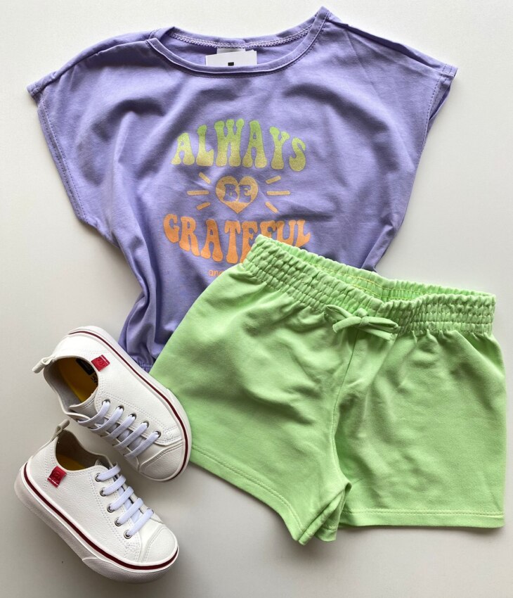 Conjunto Infantil Feminino Blusa com Elástico Lilás Short Verde Fernanda Ramos Kids