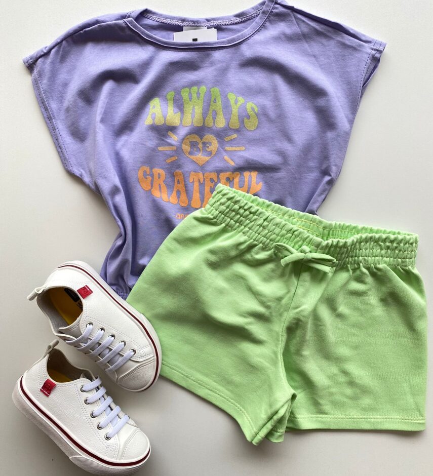 Conjunto Infantil Feminino Blusa com Elástico Lilás Short Verde Fernanda Ramos Kids