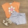 Conjunto Infantil Feminino Blusa com Elástico Salmão Short Cinza Fernanda Ramos Kids