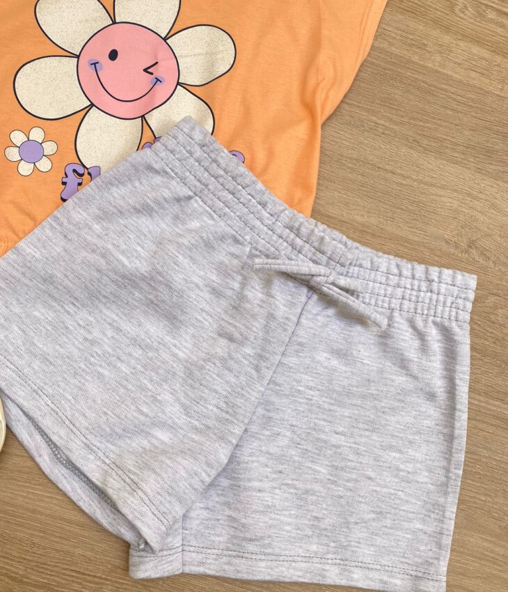 fernandaramoskids com br Conjunto Infantil Feminino Blusa com Elástico Salmão Short Cinza 2