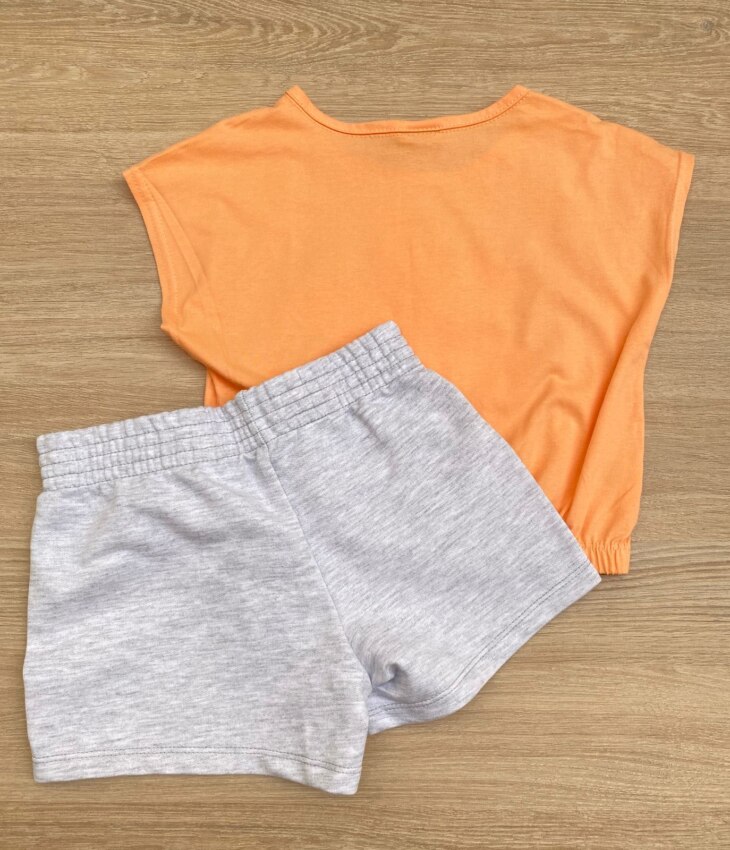 fernandaramoskids com br Conjunto Infantil Feminino Blusa com Elástico Salmão Short Cinza 3