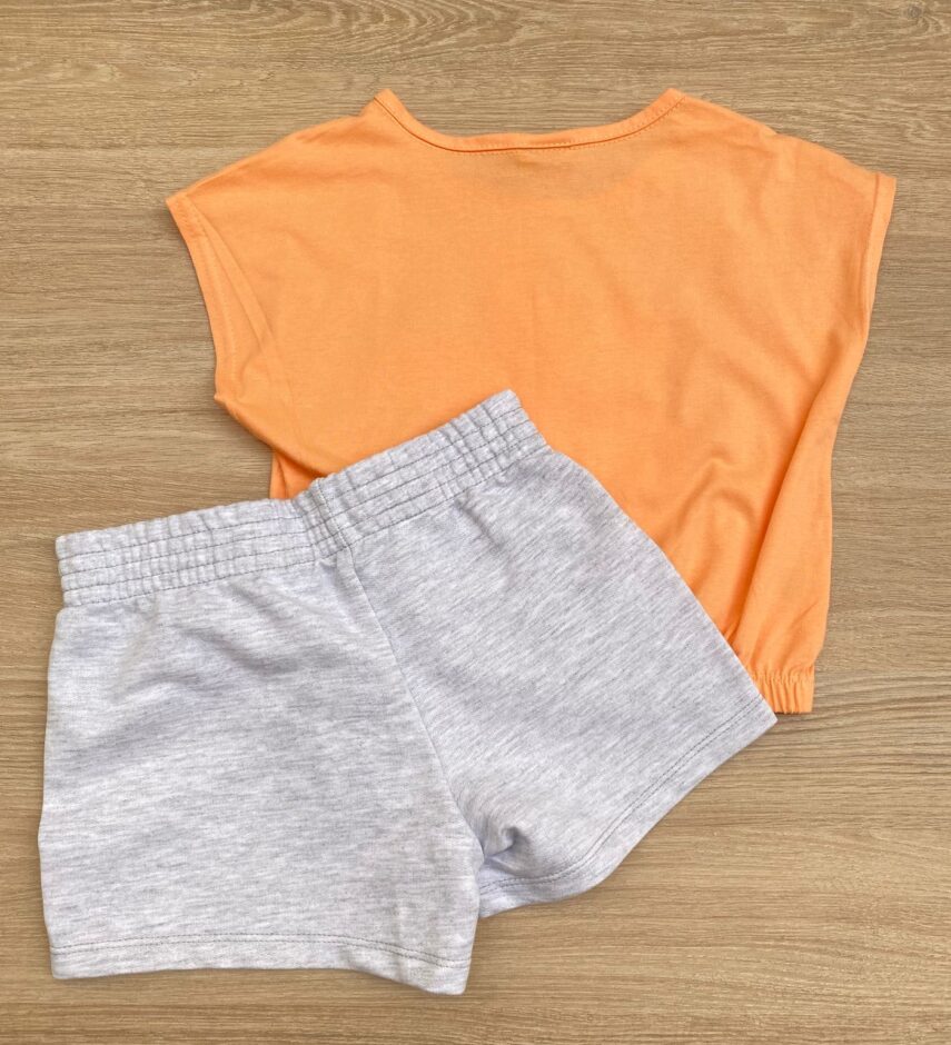 fernandaramoskids com br Conjunto Infantil Feminino Blusa com Elástico Salmão Short Cinza 3