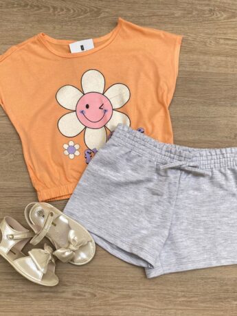 Conjunto Infantil Feminino Blusa com Elástico Salmão Short Cinza Fernanda Ramos Kids