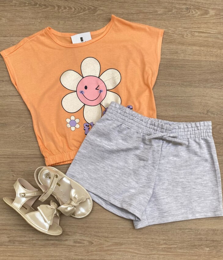 Conjunto Infantil Feminino Blusa com Elástico Salmão Short Cinza Fernanda Ramos Kids
