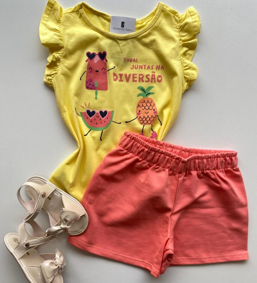 Conjunto Infantil Feminino Blusa com Estampa Amarelo Short Salmão Fernanda Ramos Kids