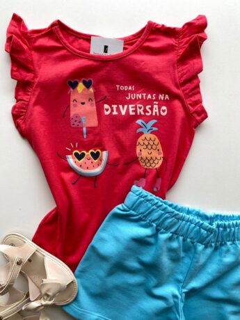 fernandaramoskids com br Conjunto Infantil Feminino Blusa com Estampa Rosa Escuro Short Azul 1
