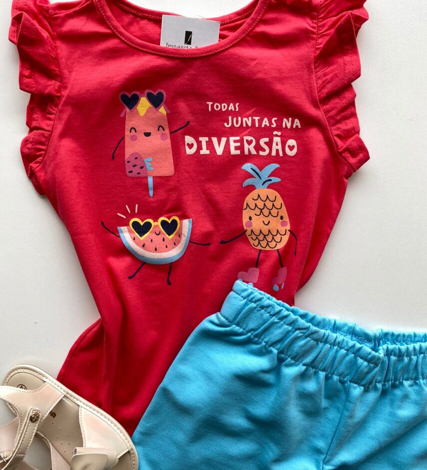 fernandaramoskids com br Conjunto Infantil Feminino Blusa com Estampa Rosa Escuro Short Azul 1
