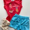 Conjunto Infantil Feminino Blusa com Estampa Rosa Escuro Short Azul Fernanda Ramos Kids