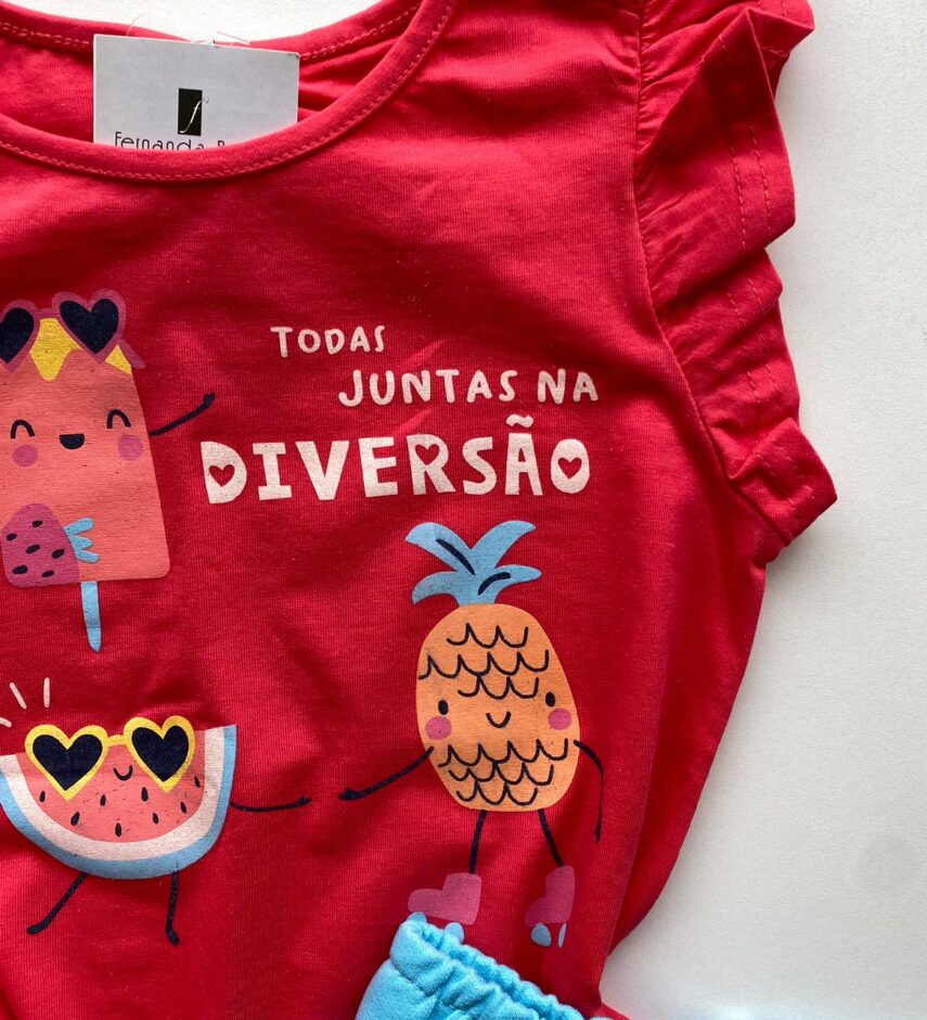 fernandaramoskids com br Conjunto Infantil Feminino Blusa com Estampa Rosa Escuro Short Azul 2