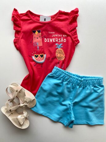 Conjunto Infantil Feminino Blusa com Estampa Rosa Escuro Short Azul Fernanda Ramos Kids