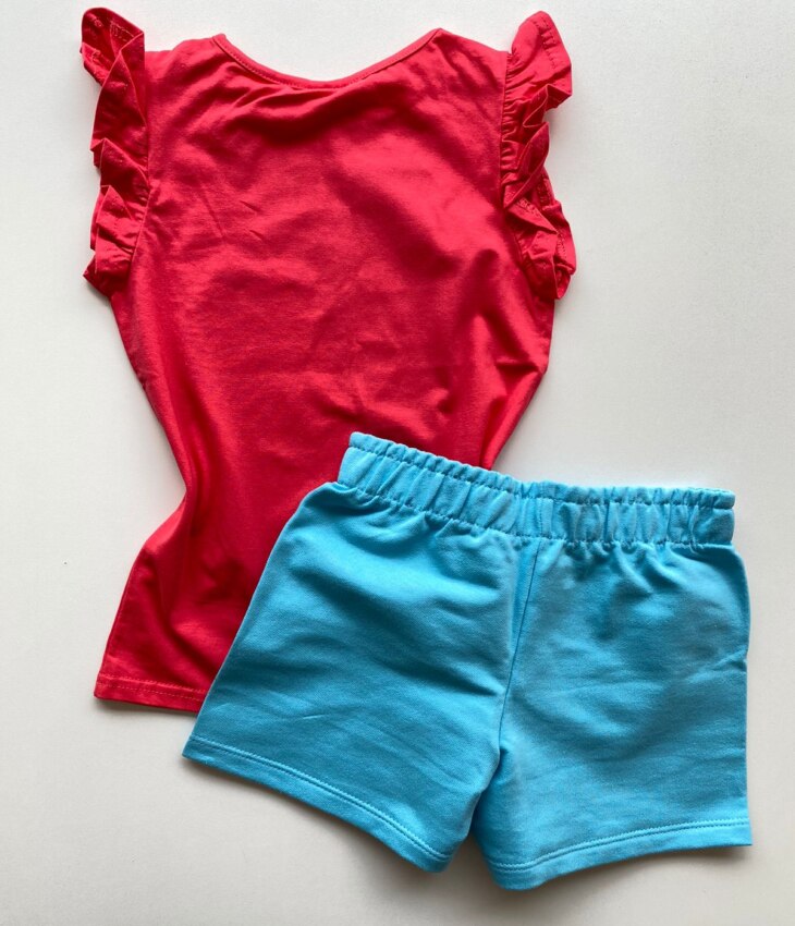 fernandaramoskids com br Conjunto Infantil Feminino Blusa com Estampa Rosa Escuro Short Azul 4